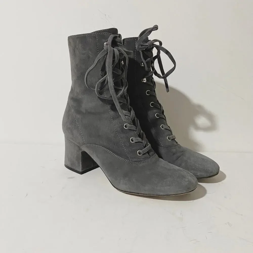 Gianvito Rossi Gray Suede Lace Up Boots Mackay Low Block Heel Ankle Zip sz 38